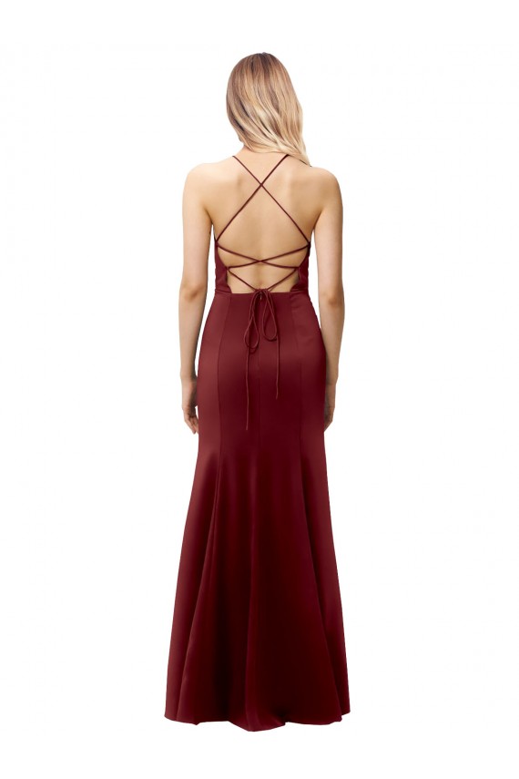 Compra Borgoña oscuro Sirena Halter Cuello Alto Crepé Elástico Largo Formales Vestidos de dama de honor / Vestidos de fiesta