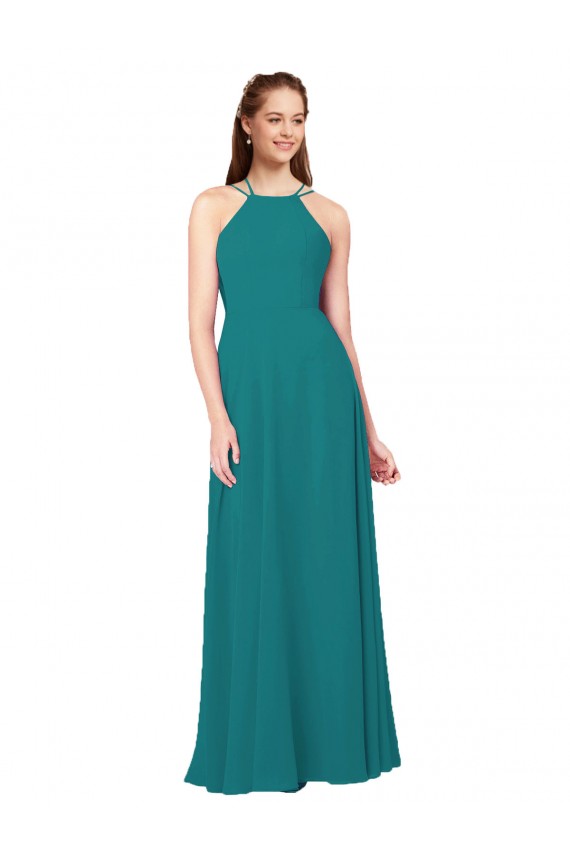 Compra Cazador Verde Cubierta Cuello Alto Gasa Largo Vestidos de dama de honor