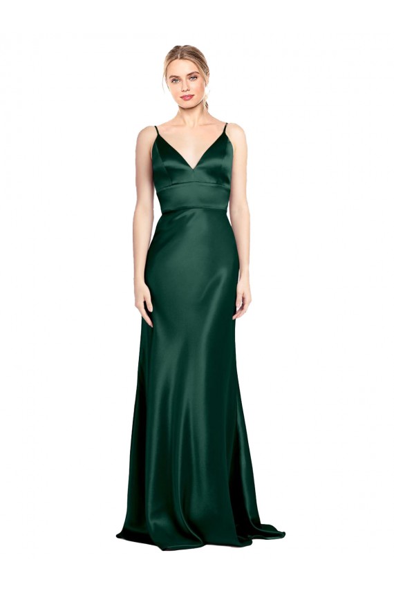 Compra Cazador Verde Cubierta Tirantes espagueti Cuello en V Cuello Alto Satén elástico Largo Formales Vestidos de dama de honor / Vestidos de fiesta