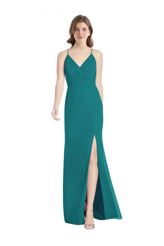 Compra Cazador Verde Sirena Tirantes espagueti Cuello en V Gasa Largo Vestidos de dama de honor