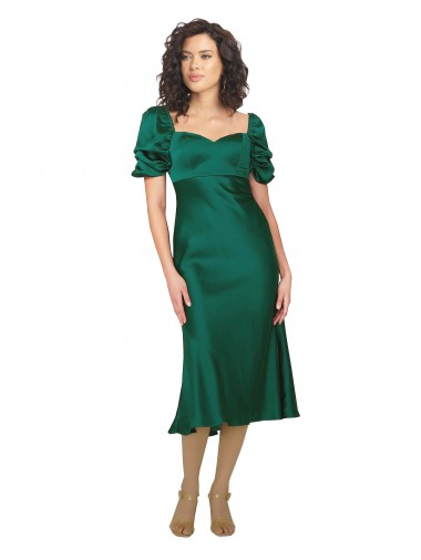 Cazador Verde línea A Cuello de Corazón Midi Satén sedoso Corto Formales Vestidos de dama de honor / Vestidos de fiesta Baratos