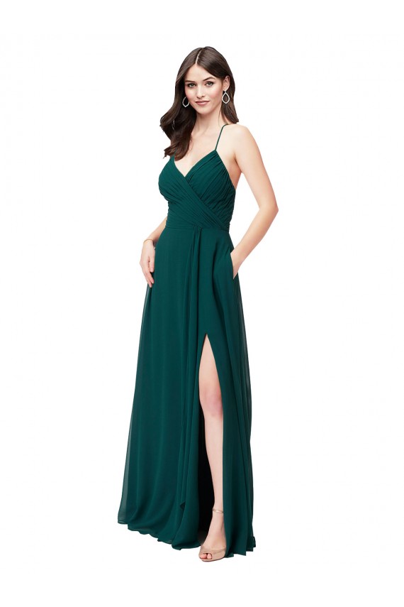 Compra Cazador Verde línea A Cuello en V Gasa Largo Vestidos de dama de honor