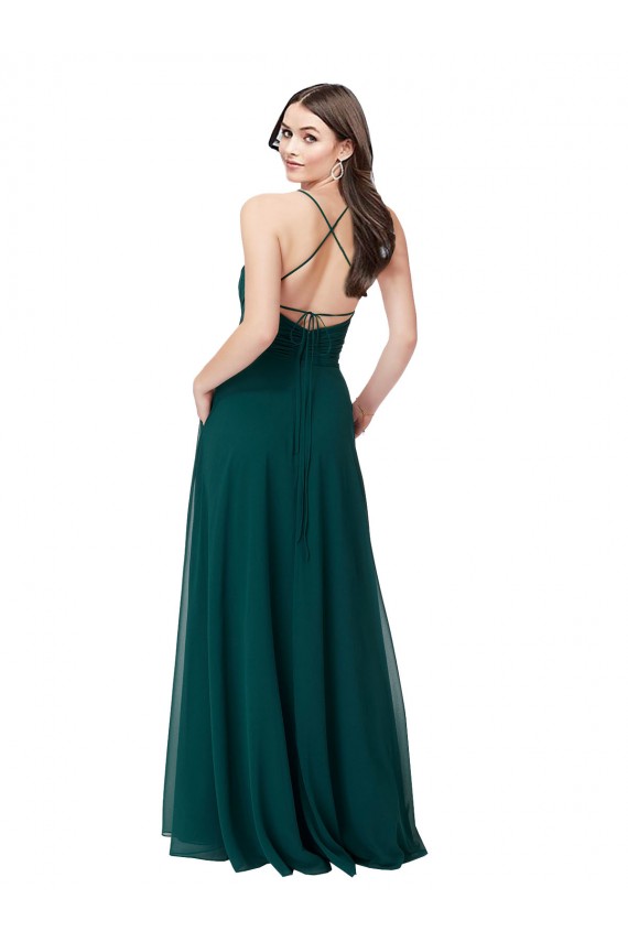 Compra Cazador Verde línea A Cuello en V Gasa Largo Vestidos de dama de honor