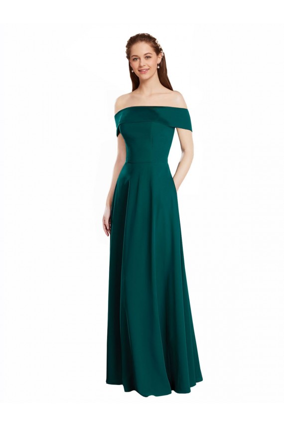 Compra Cazador Verde línea A Hombros Descubiertos Gasa Largo Vestidos de dama de honor
