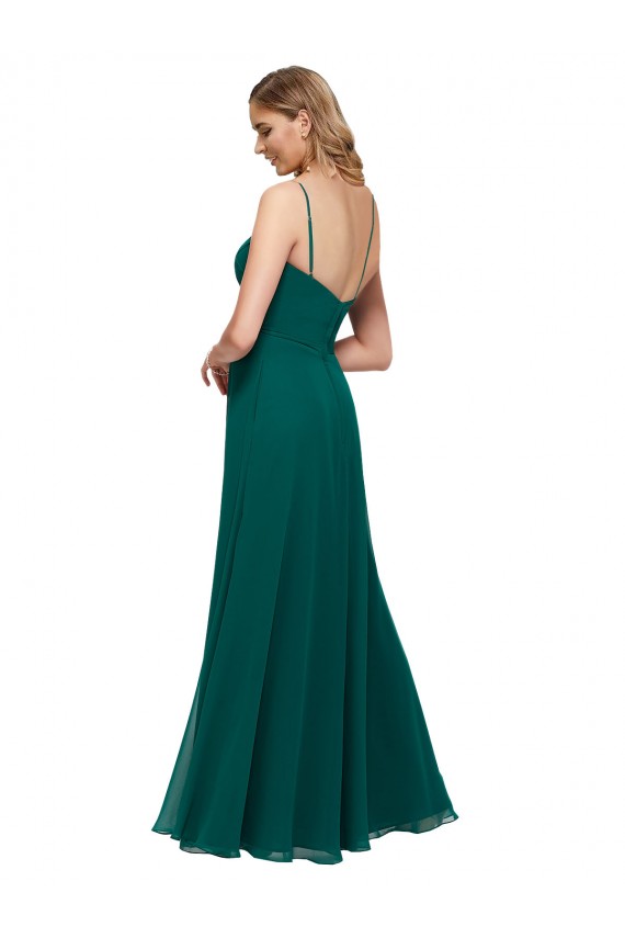 Compra Cazador Verde línea A Tirantes espagueti Cuadrado Gasa Largo Vestidos de dama de honor