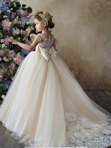 Champán Cuello de Corazón Cola capilla Tul Encaje Largo vestidos de niña de las flores Baratos