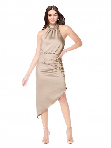 Champán Rosa línea A Halter Midi Satén sedoso Corto Asimétrico Vestidos de dama de honor / Vestidos de fiesta / Vestidos de cóctel / Vestidos para homecoming Baratos