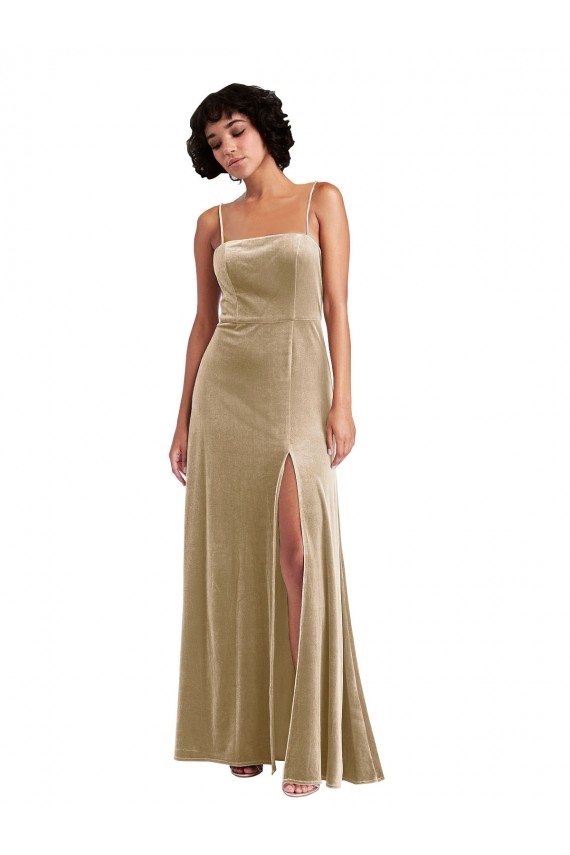 Compra Champán línea A Cuadrado Terciopelo Elástico Largo Formales Vestidos de dama de honor / Vestidos de fiesta