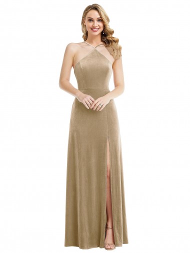Champán línea A Halter Cuello Alto Terciopelo Elástico Largo Vestidos de dama de honor / Vestidos de fiesta Baratos