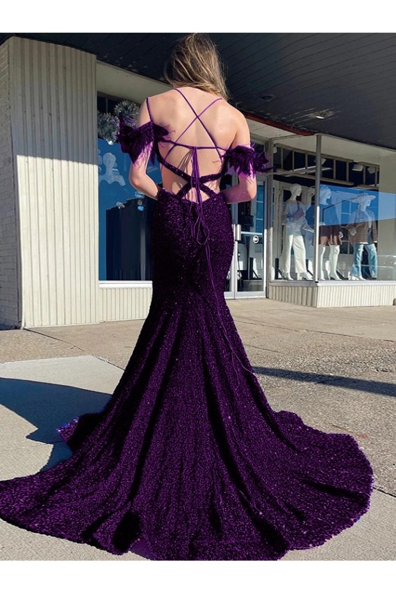 Compra Ciruela Cubierta Tirantes espagueti Cuello en V Cola corte Lentejuelas Terciopelo Largo Vestidos de fiesta