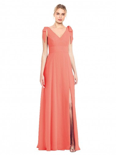 Coral Trompeta Cuello en V Gasa Largo Vestidos de dama de honor Baratos