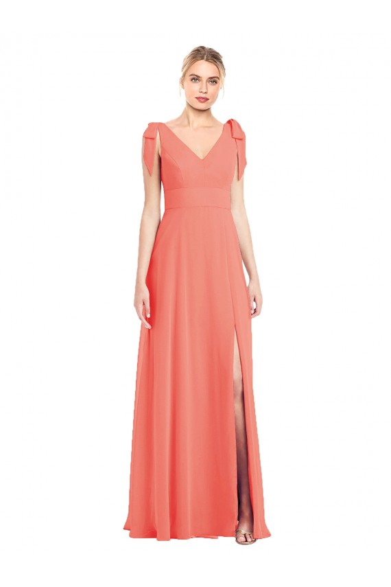 Compra Coral Trompeta Cuello en V Gasa Largo Vestidos de dama de honor