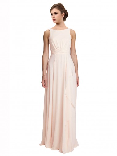 Crema Rosa línea A Barco Cuello Alto Gasa Largo Vestidos de dama de honor Baratos