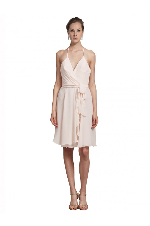 Compra Crema Rosa línea A Halter Cuello en V Gasa Corto Vestidos de dama de honor / Vestidos de cóctel / Vestidos para homecoming