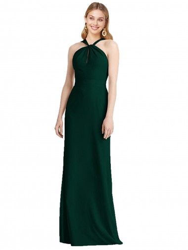 Evergreen Trompeta Halter Gasa Largo Vestidos de dama de honor Baratos