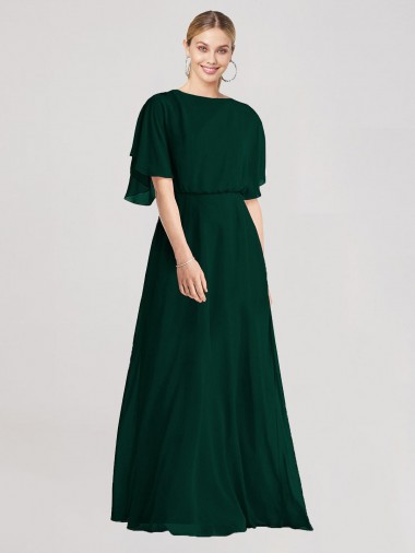 Evergreen línea A Cuello redondo Gasa Largo Vestidos de dama de honor Baratos