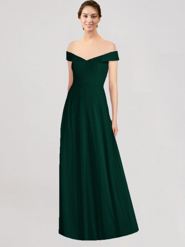 Evergreen línea A Hombros Descubiertos Cuello en V Gasa Largo Vestidos de dama de honor Baratos