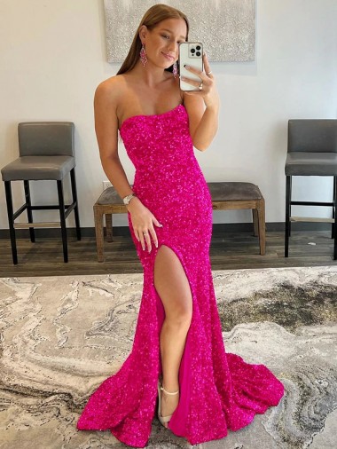 Fucsia Cubierta Sin tirantes Barrer tren Lentejuelas Terciopelo Largo Vestidos de fiesta Baratos