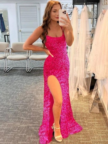 Fucsia Cubierta Tirantes espagueti Barrer tren Lentejuelas Terciopelo Largo Vestidos de fiesta Baratos