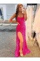 Compra Fucsia Cubierta Tirantes espagueti Barrer tren Lentejuelas Terciopelo Largo Vestidos de fiesta
