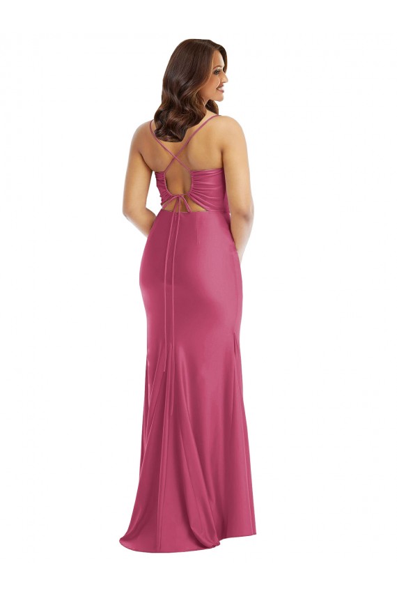 Compra Fucsia Sirena Tirantes espagueti Satén sedoso Largo Formales Vestidos de dama de honor / Vestidos de fiesta