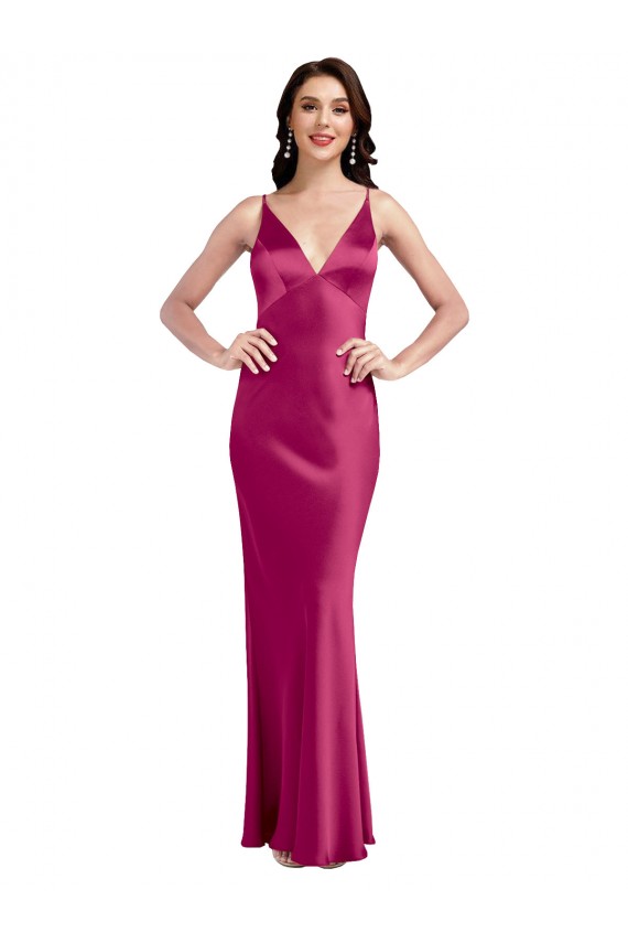 Compra Fucsia línea A Tirantes espagueti Cuello en V Satén elástico Largo Formales Vestidos de dama de honor / Vestidos de fiesta