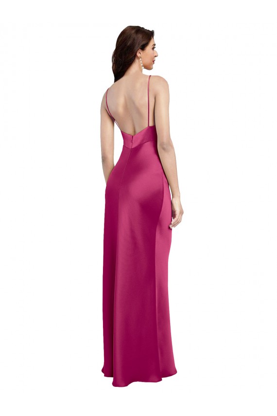 Compra Fucsia línea A Tirantes espagueti Cuello en V Satén elástico Largo Formales Vestidos de dama de honor / Vestidos de fiesta
