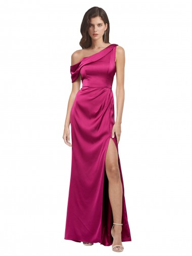 Fucsia línea A Un Hombre Satén elástico Largo Formales Vestidos de dama de honor / Vestidos de fiesta Baratos
