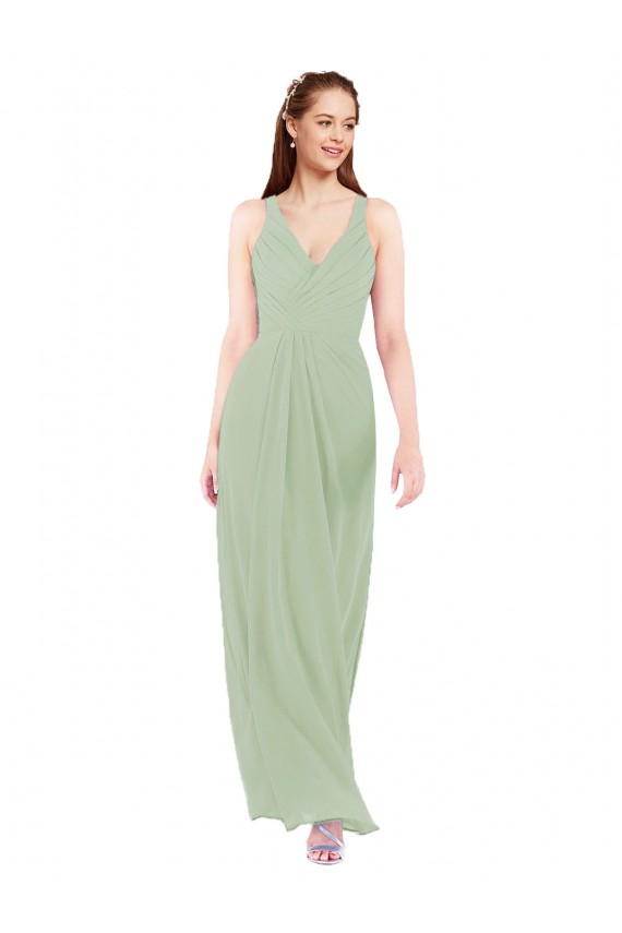Compra Humo Verde Cubierta Cuello en V Gasa Largo Vestidos de dama de honor
