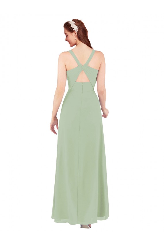 Compra Humo Verde Cubierta Cuello en V Gasa Largo Vestidos de dama de honor