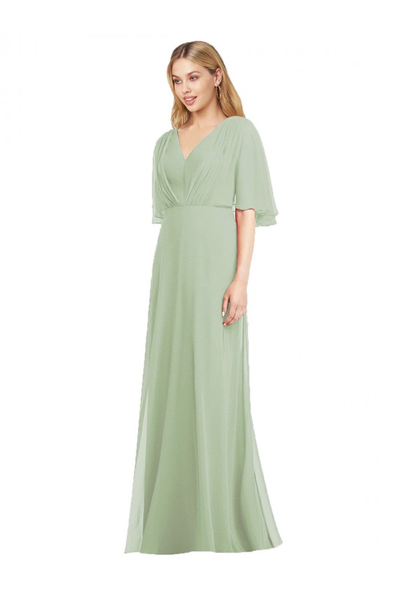 Compra Humo Verde Trompeta Cuello en V Gasa Largo Vestidos de dama de honor