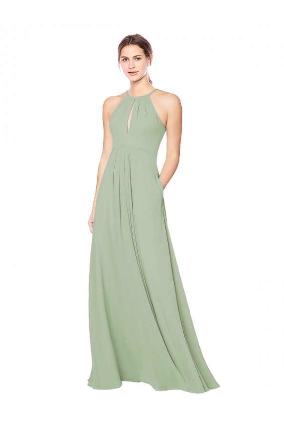 Compra Humo Verde línea A Halter Gasa Largo Vestidos de dama de honor