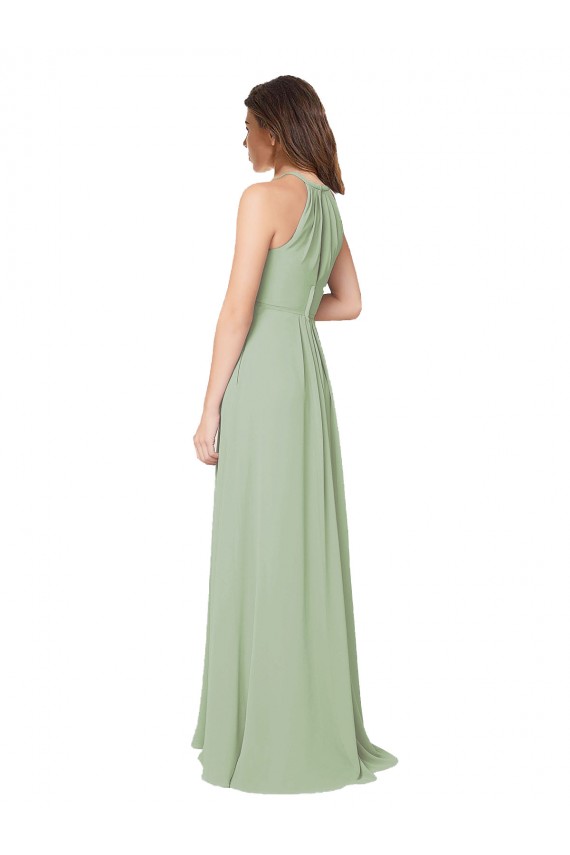 Compra Humo Verde línea A Halter Gasa Largo Vestidos de dama de honor