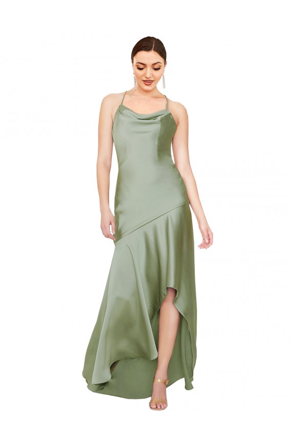 Compra Humo Verde línea A Satén sedoso Largo Asimétrico Formales Vestidos de dama de honor / Vestidos de fiesta