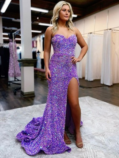 Lavanda línea A Cuello de Corazón Cola corte Lentejuelas Terciopelo Largo Vestidos de fiesta Baratos