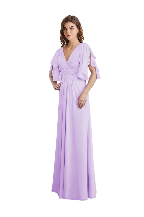 Compra Lila línea A Cuello en V Gasa Largo Vestidos de dama de honor