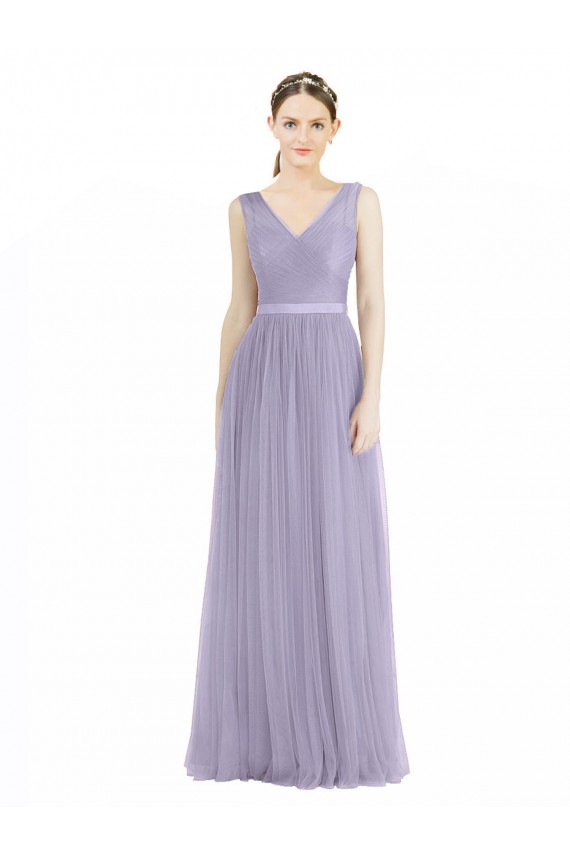Compra Lila línea A Cuello en V Tul Largo Vestidos de dama de honor