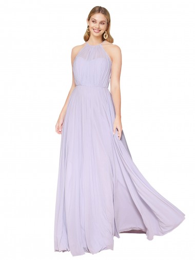 Lila línea A Halter Cuello Alto Gasa Largo Formales Vestidos de dama de honor / Vestidos de fiesta Baratos