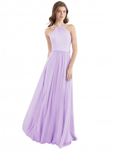 Lila línea A Halter Gasa Largo Vestidos de dama de honor Baratos