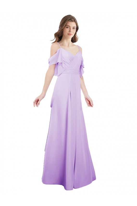 Compra Lila línea A Hombros Descubiertos Tirantes espagueti Gasa Largo Vestidos de dama de honor