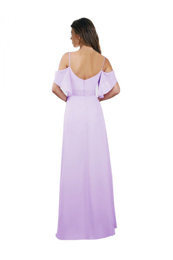 Compra Lila línea A Hombros Descubiertos Tirantes espagueti Gasa Largo Vestidos de dama de honor