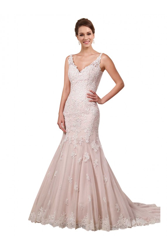 Compra Marfil & Blush Sirena Cuello en V Cola capilla Tul Encaje Vestidos de novia