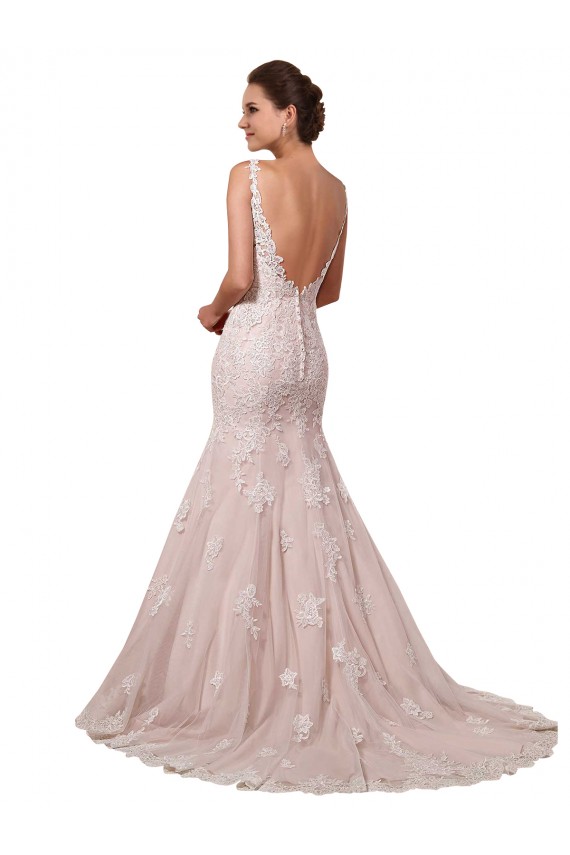 Compra Marfil & Blush Sirena Cuello en V Cola capilla Tul Encaje Vestidos de novia