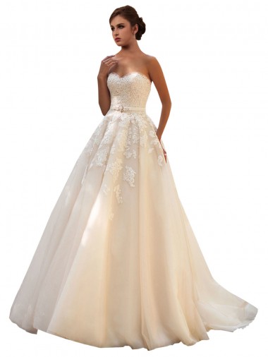 Marfil & Champán Cuello de Corazón Cola capilla Tul Encaje Vestidos de novia Baratos