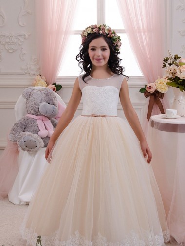 Marfil & Champán Cuello de Corazón Tul Encaje Largo vestidos de niña de las flores Baratos