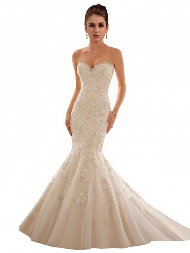 Marfil & Champán Sirena Cuello de Corazón Cola capilla Tul Encaje Vestidos de novia Baratos