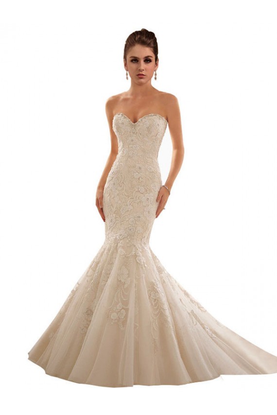 Compra Marfil & Champán Sirena Cuello de Corazón Cola capilla Tul Encaje Vestidos de novia