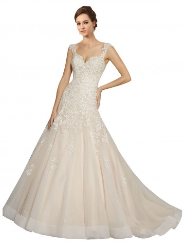 Marfil & Champán Sirena Cuello de Corazón Cola capilla Tul Encaje Vestidos de novia Baratos