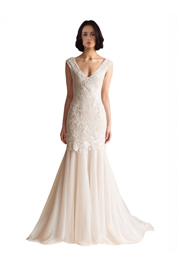 Compra Marfil & Champán Sirena Cuello en V Barrer tren Tul Vestidos de novia