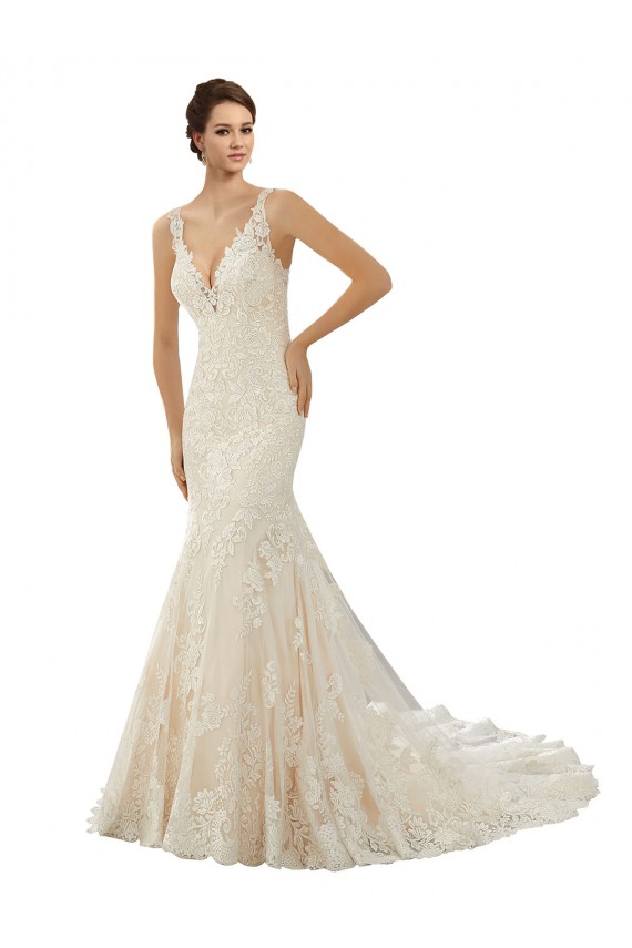 Compra Marfil & Champán Sirena Cuello en V Cola capilla Encaje Vestidos de novia